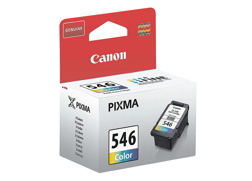 Canon Tintenpatronenbox. Rot und Weiß. Die Patrone ist schwarz und gelb.