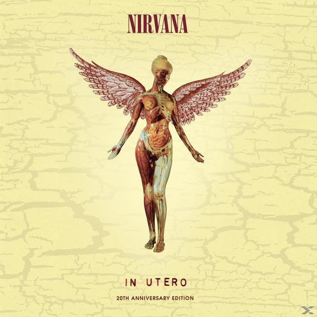 Albumcover mit nackter Figur mit Engelsflügeln. Titel 'NIRVANA IN UTERO' auf gelbem, rissigem Hintergrund.