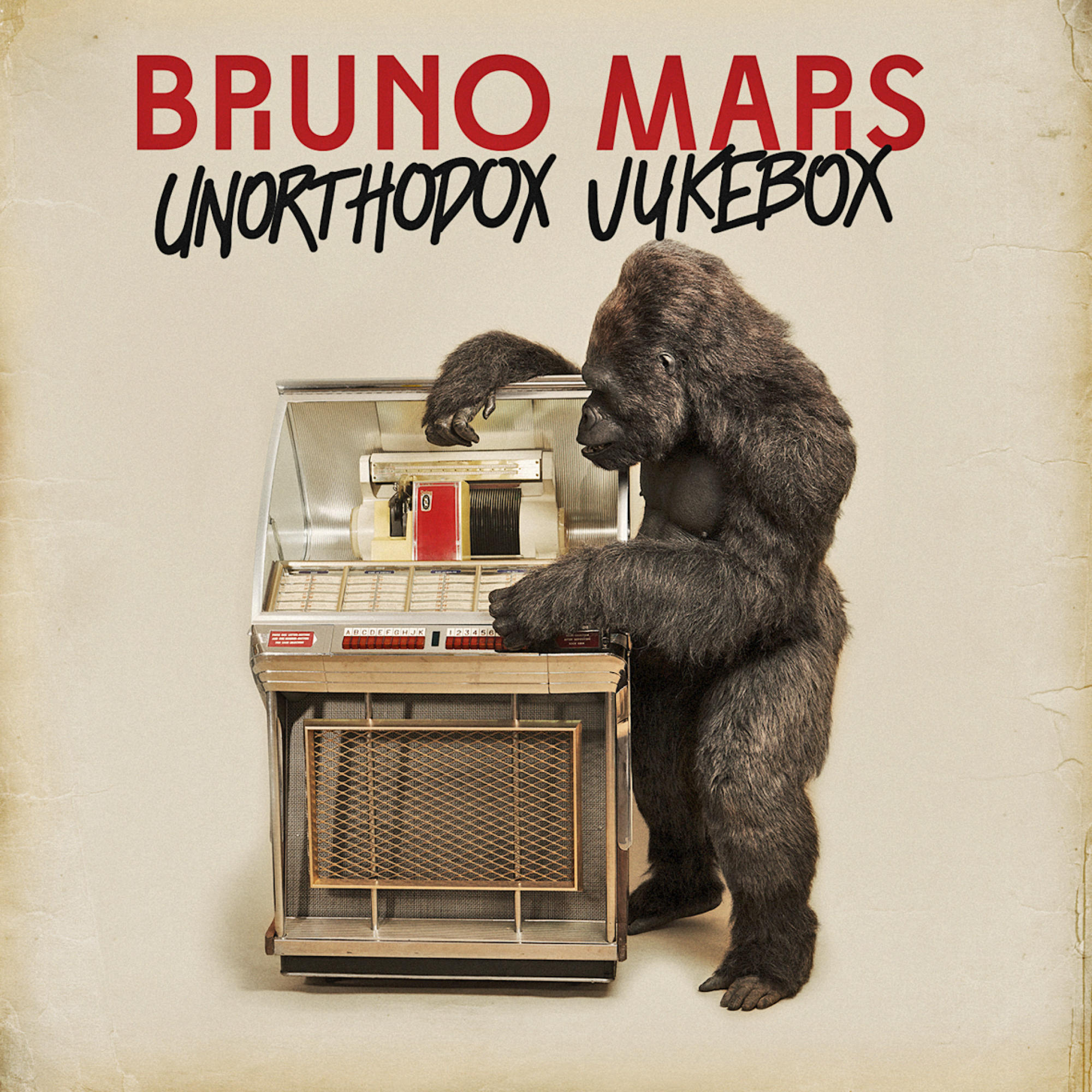Bruno Mars Albumcover mit einem Gorilla, der eine Jukebox bedient. Titel und Künstlername stehen oben.