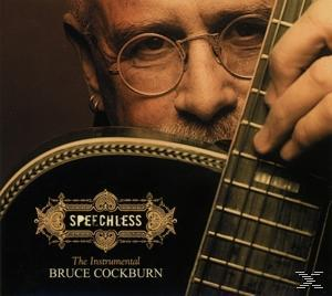 Nahaufnahme des Gesichts eines Mannes. Er hält eine Gitarre. Text 'SPEECHLESS' und 'BRUCE COCKBURN' sind sichtbar.