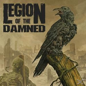 Albumcover mit einem Raben auf einem Holzpfosten, zerfallenden Figuren und dunklem Hintergrund.