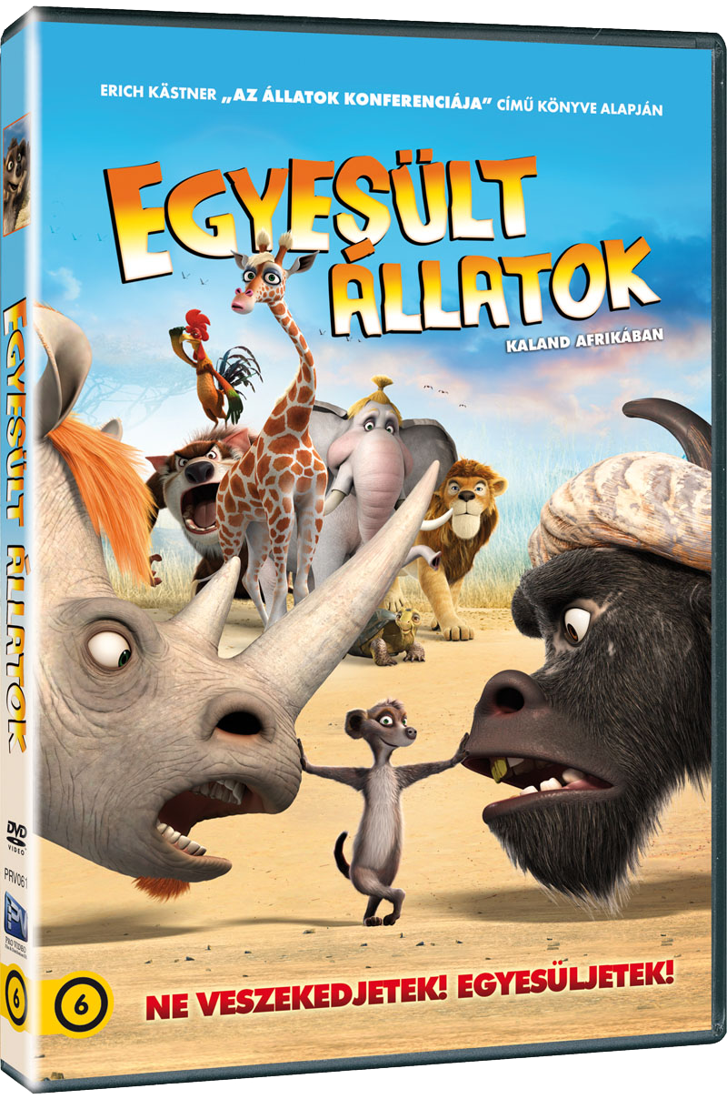 DVD borító rajzolt állatokkal: rinocérosz, zsiráf, oroszlán. A szöveg: 'EGYESÜLT ÁLLATOK' és 'KALAND AFRIKABAN'.