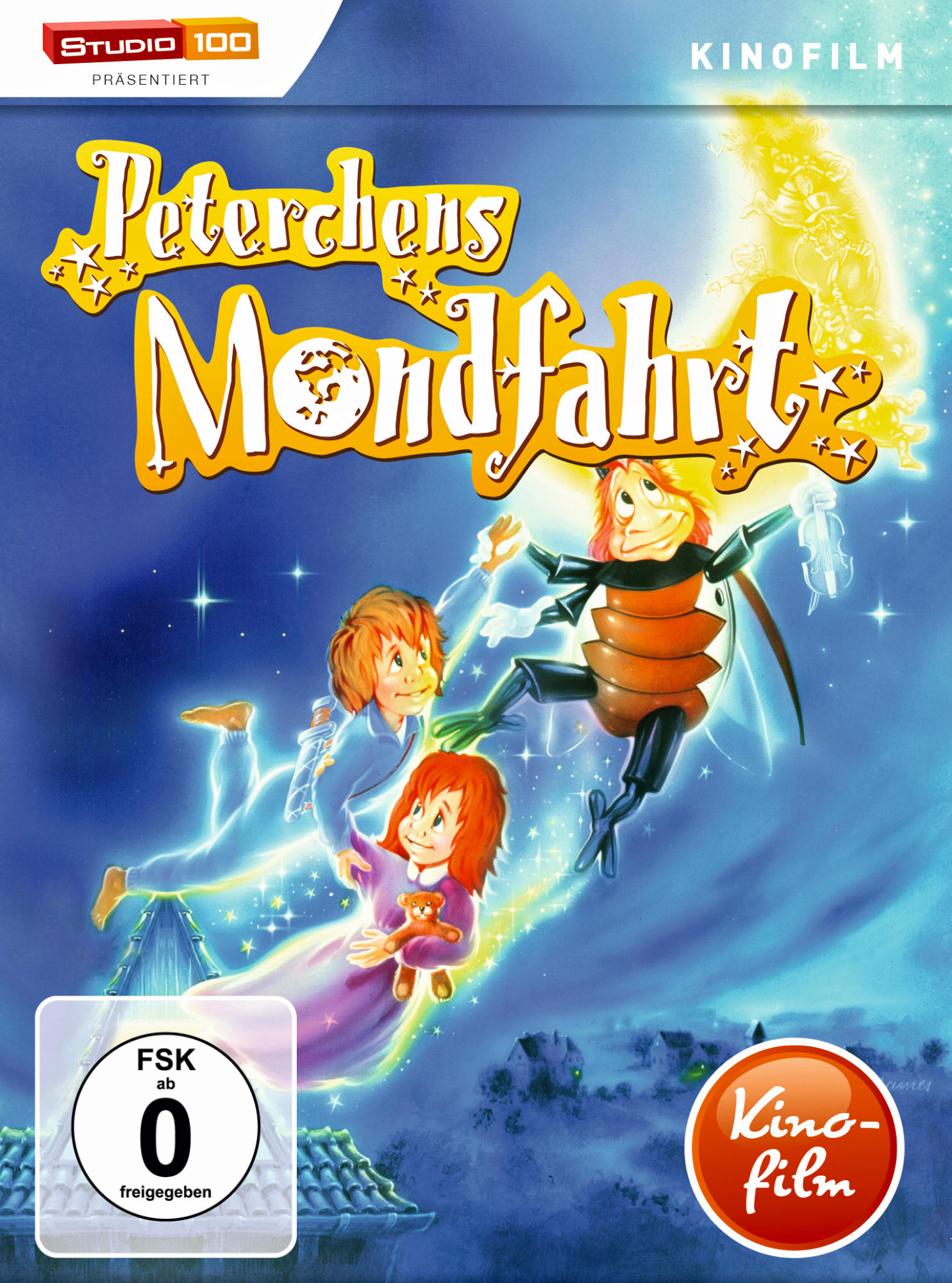 DVD-Cover von 'Peterchens Mondfahrt'. Zeichentrickfiguren schweben mit einem Mond in einem sternenblauen Himmel.