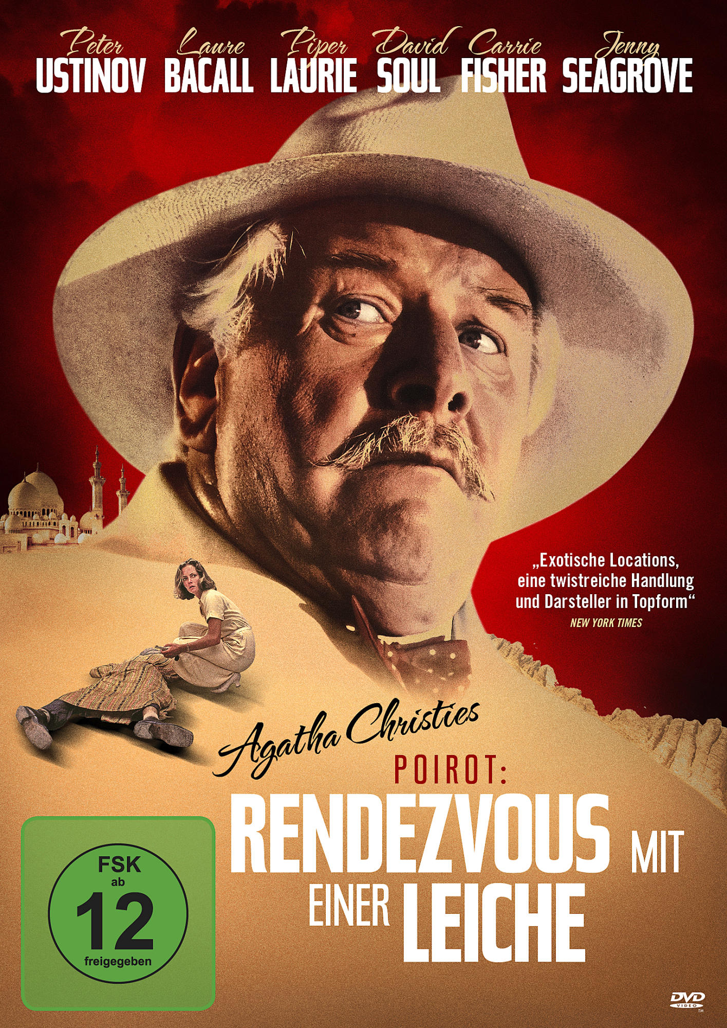 Filmplakat: Poirot im Hut, Frau sitzt, Wüstenhintergrund.