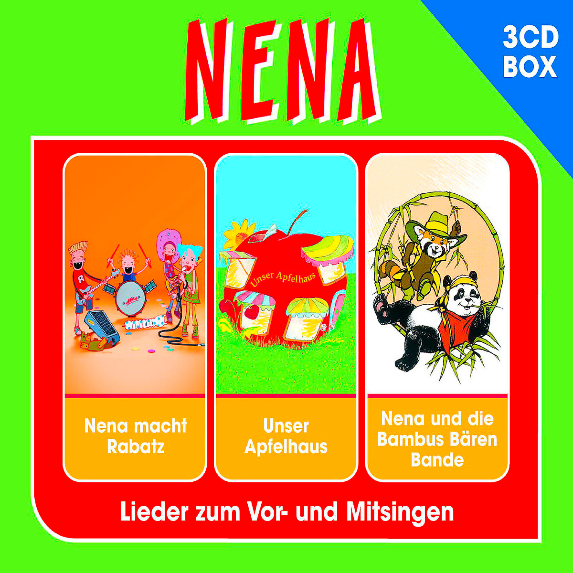 Albumcover von Nena's 3CD Box mit drei Cartoon-Szenen.