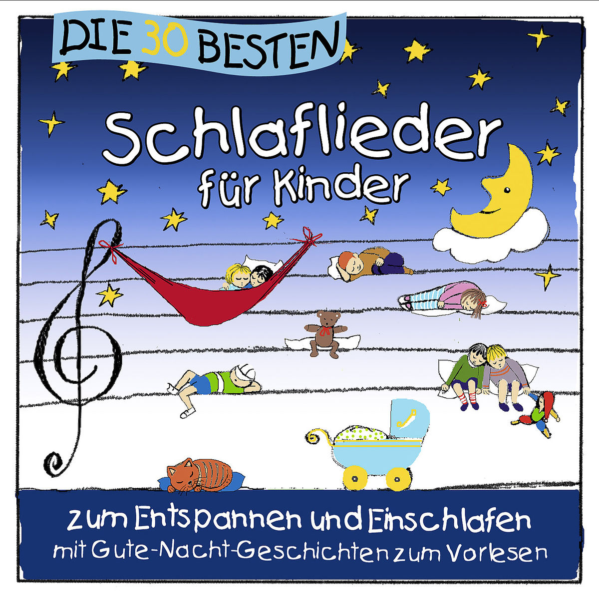 Illustration von schlafenden Kindern und anderen Elementen, mit dem Text 'Schlaflieder für Kinder'.