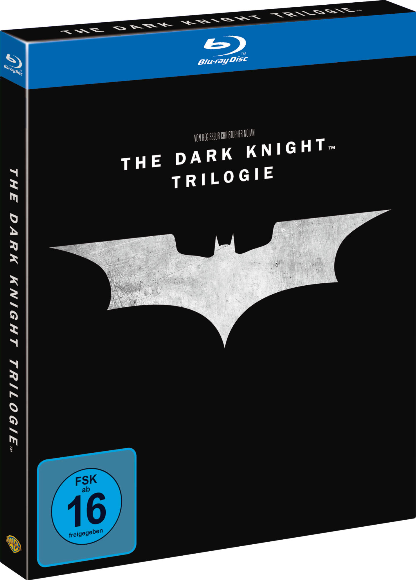 Blu-ray-Box-Set der 'The Dark Knight Trilogy' mit einem Batman-Logo.