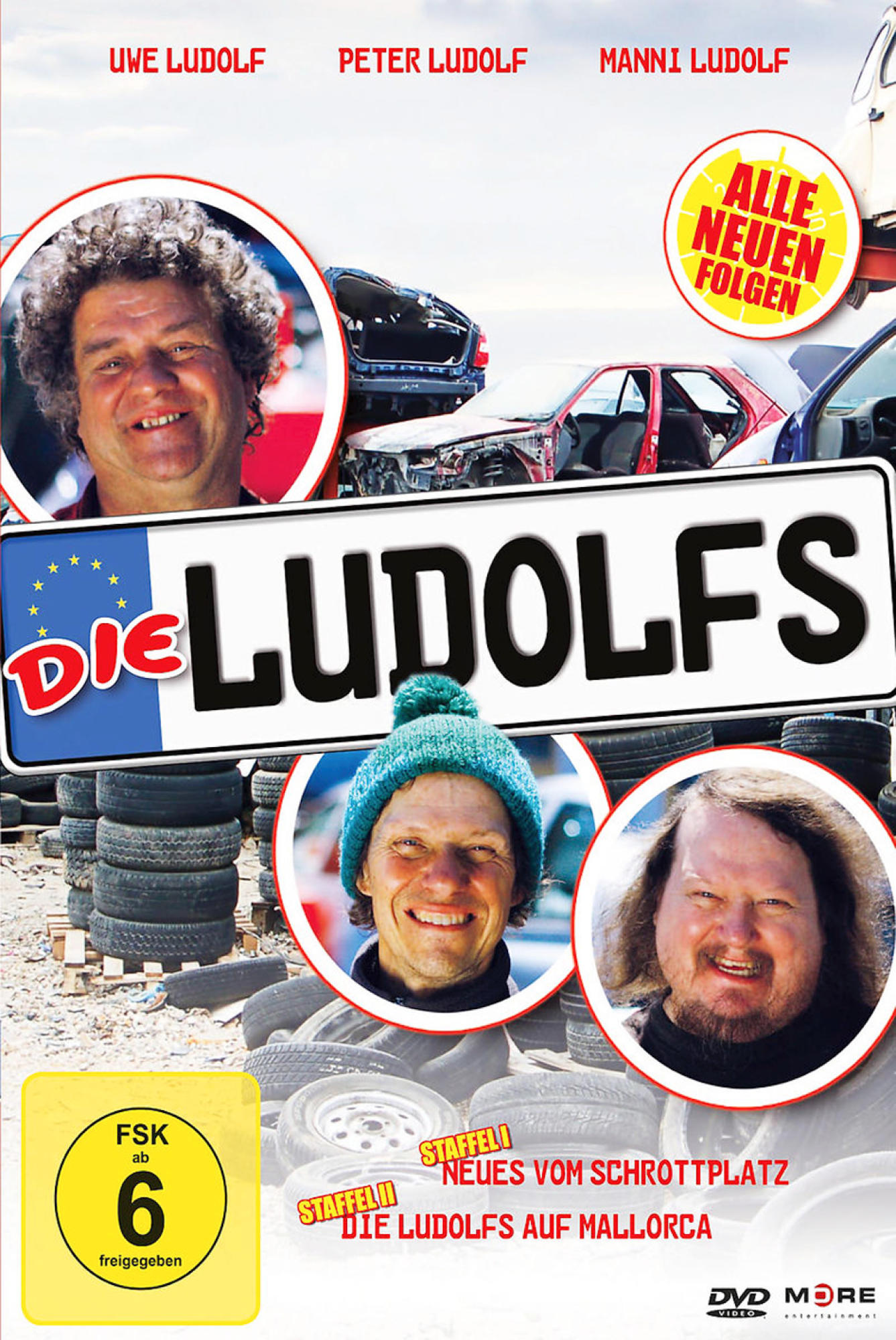 DVD-Cover mit drei Männern. Der Titel lautet Die Ludolfs. Hintergrund mit Autoteilen.