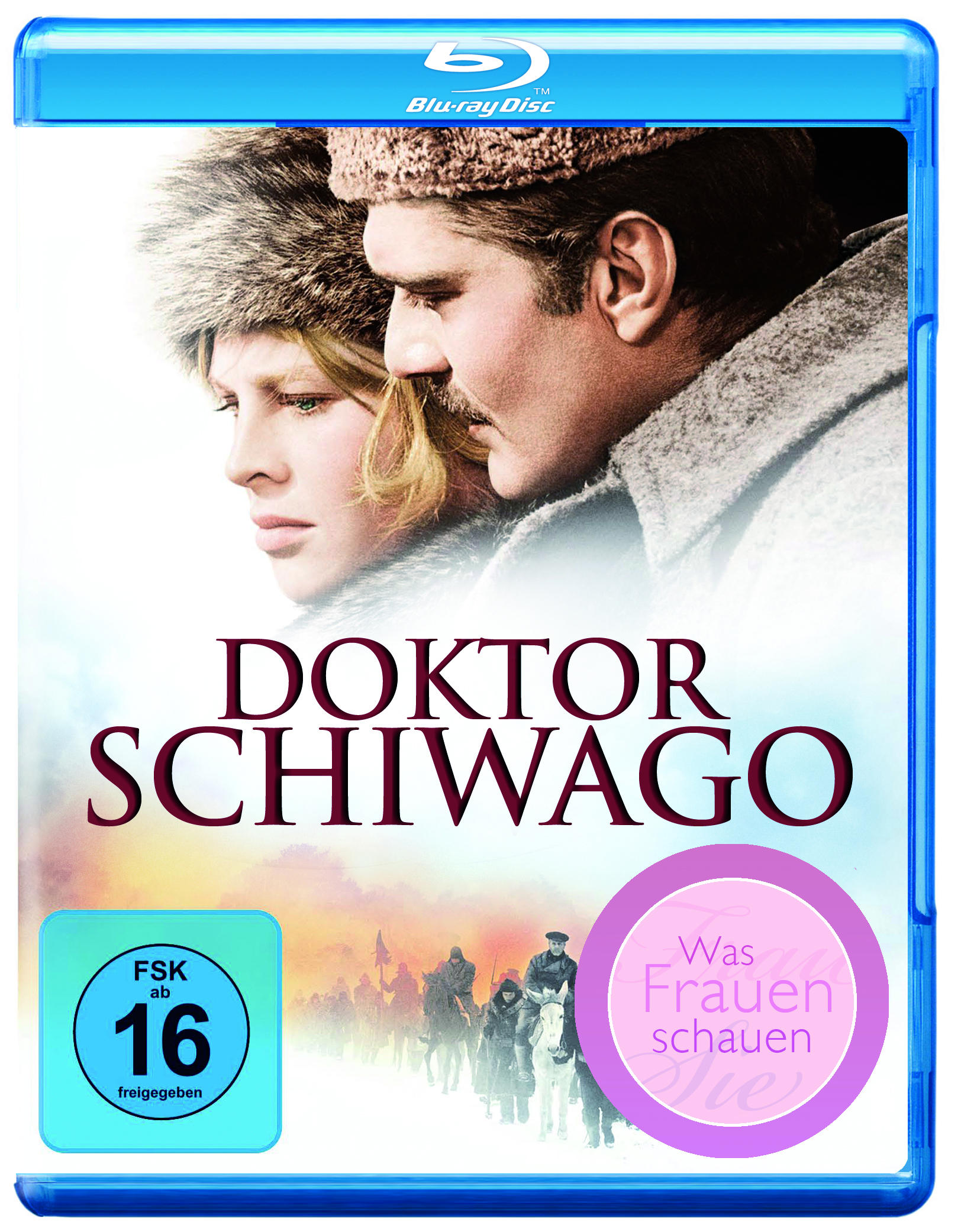 Doktor Schiwago Blu-ray-Cover. Zwei Personen in Pelzmützen, der Titel und eine Winterszene unten.