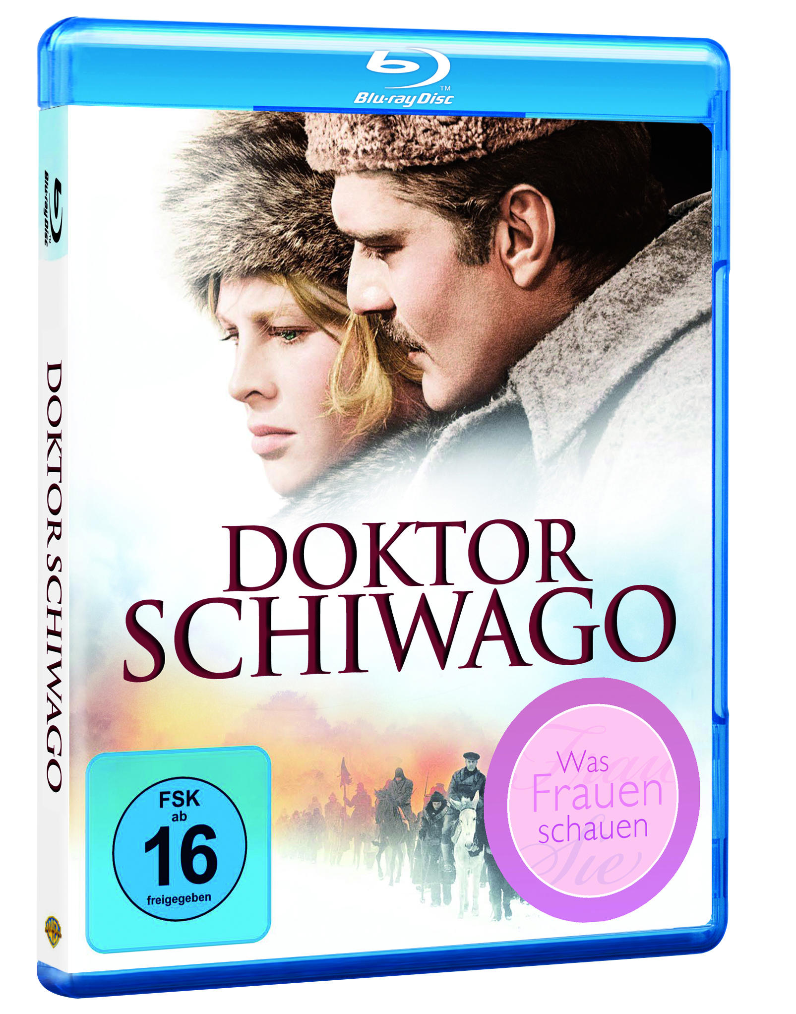 Dr. Schiwago DVD-Cover: Paar, Titel, Bewertung und ein rosa Kreis. Schneeiger Hintergrund, blaue DVD-Hülle.