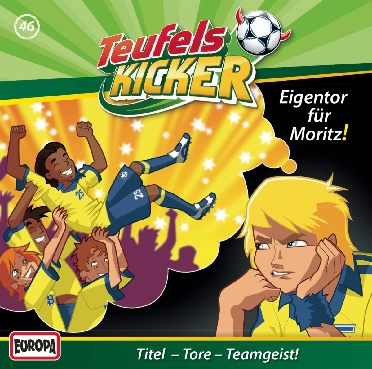 Zeichentrickcover mit Fußballspielern, Text 'Teufels Kicker' mit einem teuflischen Fußball.
