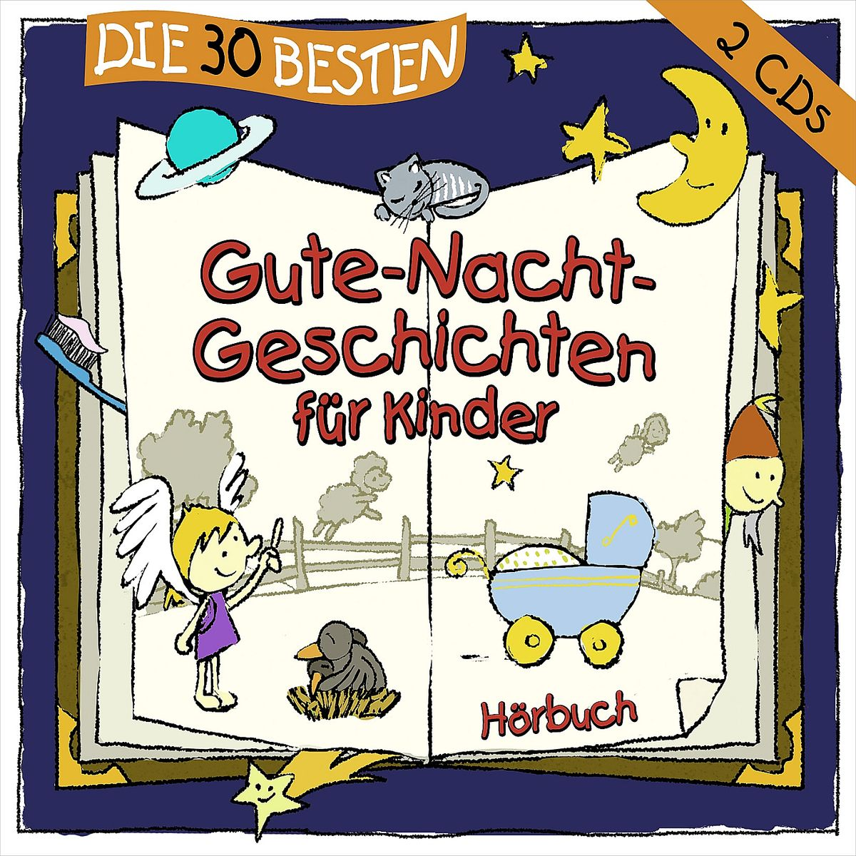 Albumcover: Cartoon-Illustration eines Buches mit verschiedenen animierten Figuren und Objekten.