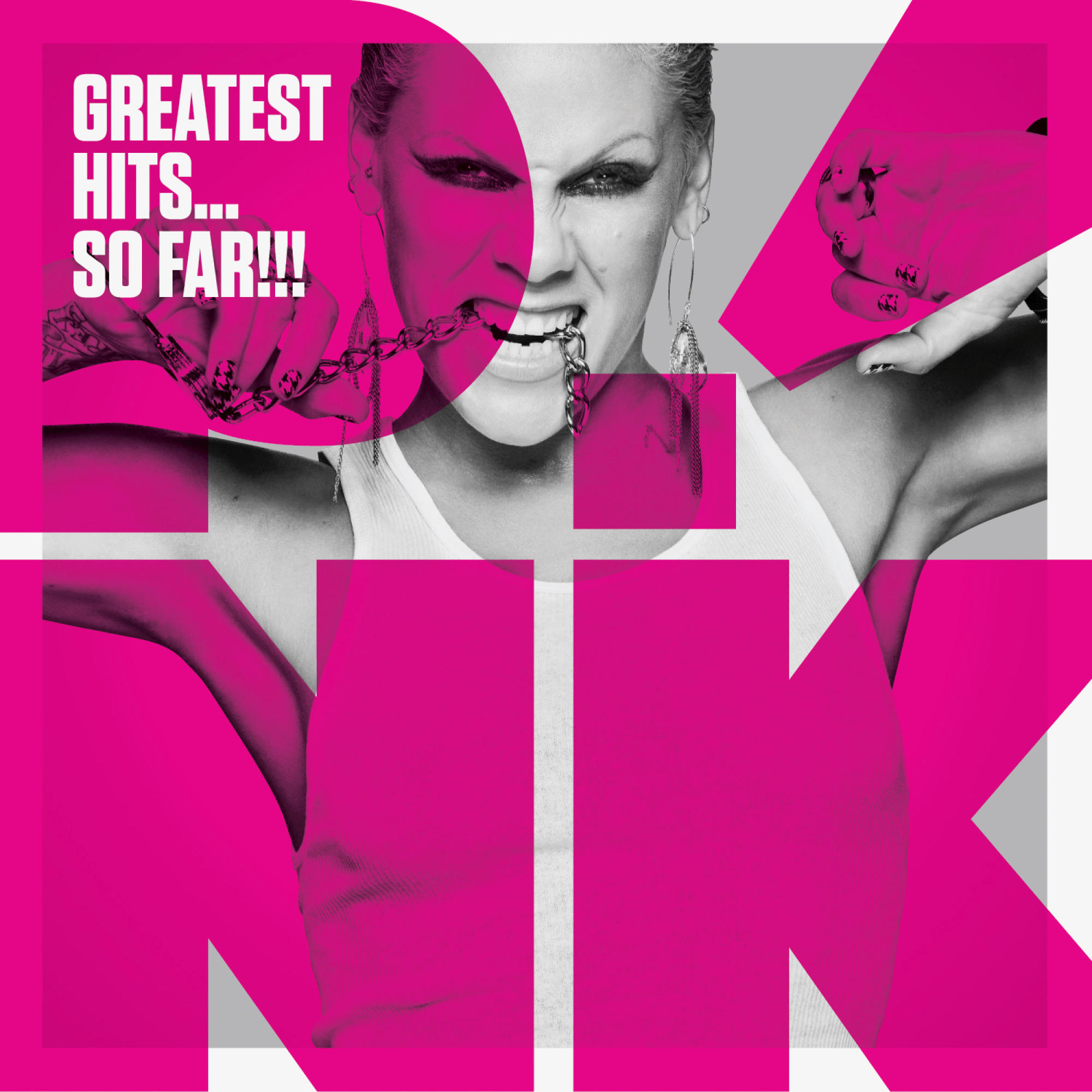 Albumcover: Pink's Gesicht, mit offenem Mund und einer Kette haltend. Pinker Text.