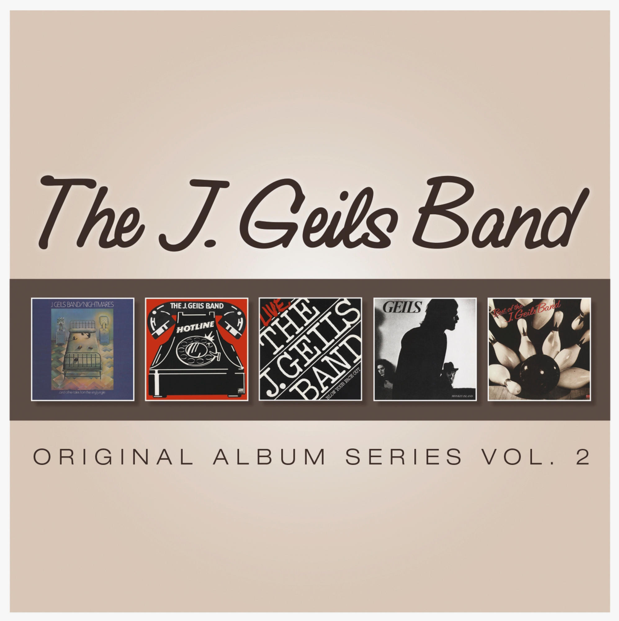 Albumcover von The J. Geils Band, mit fünf Albumcovern in einer Reihe, Text oben.