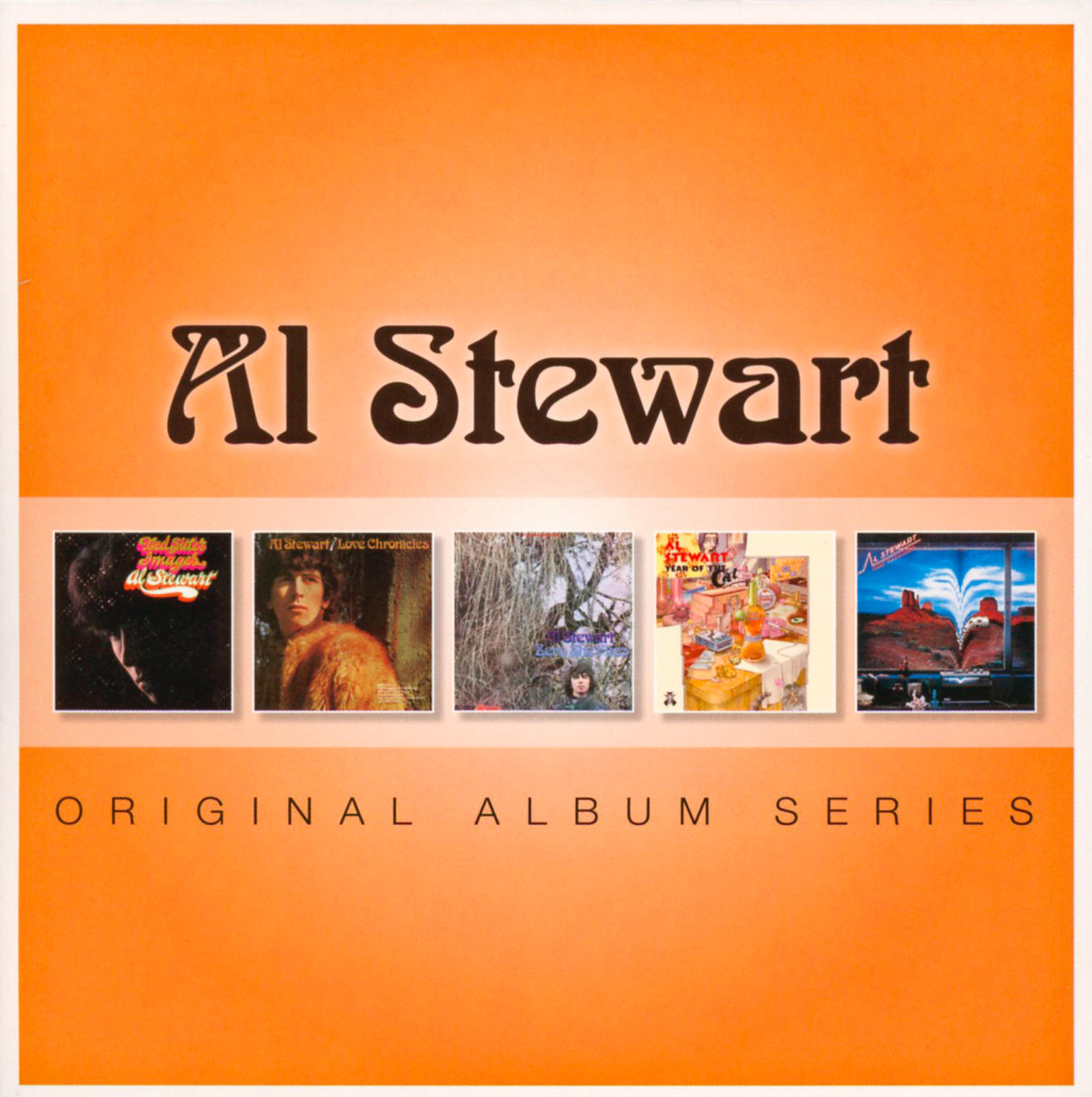 Albumcover für Al Stewart. Enthält eine Reihe von Albumcovern in quadratischer Anordnung.