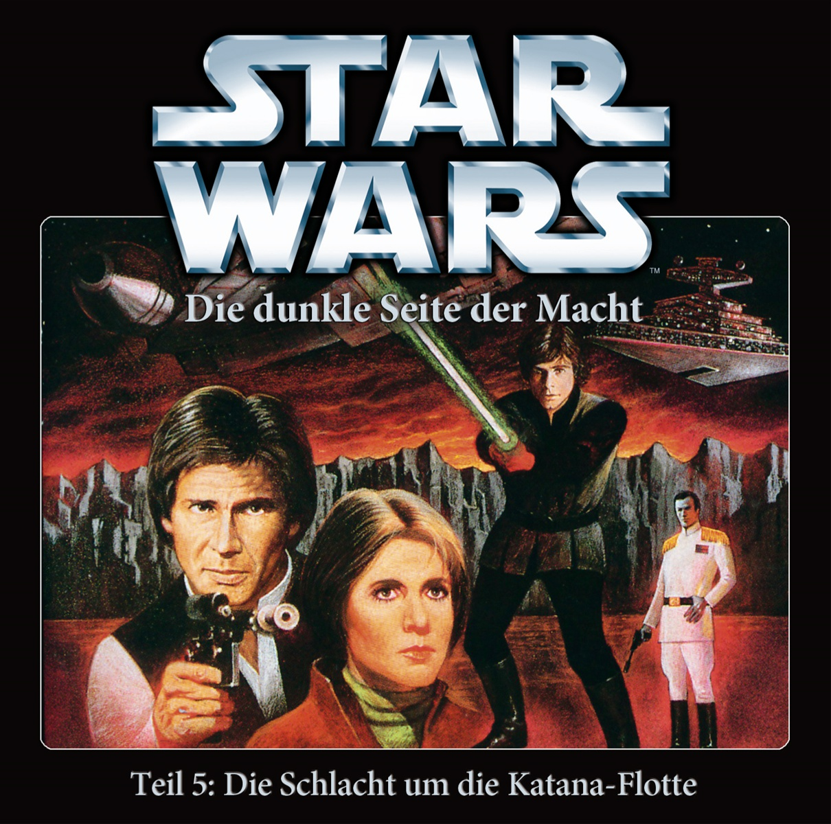 Star Wars-Buchcover mit drei Charakteren und einer Weltraumbildszene.