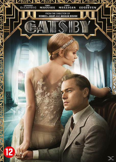 DVD-hoes: Twee mensen in formele kleding. Tekst: "The Great Gatsby", namen van acteurs.