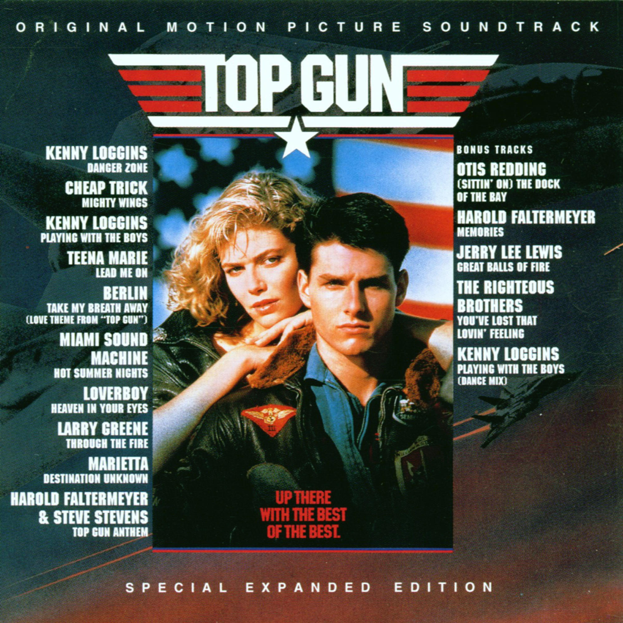 Top Gun Soundtrack-Cover mit Schauspielern, Titel und Trackliste.