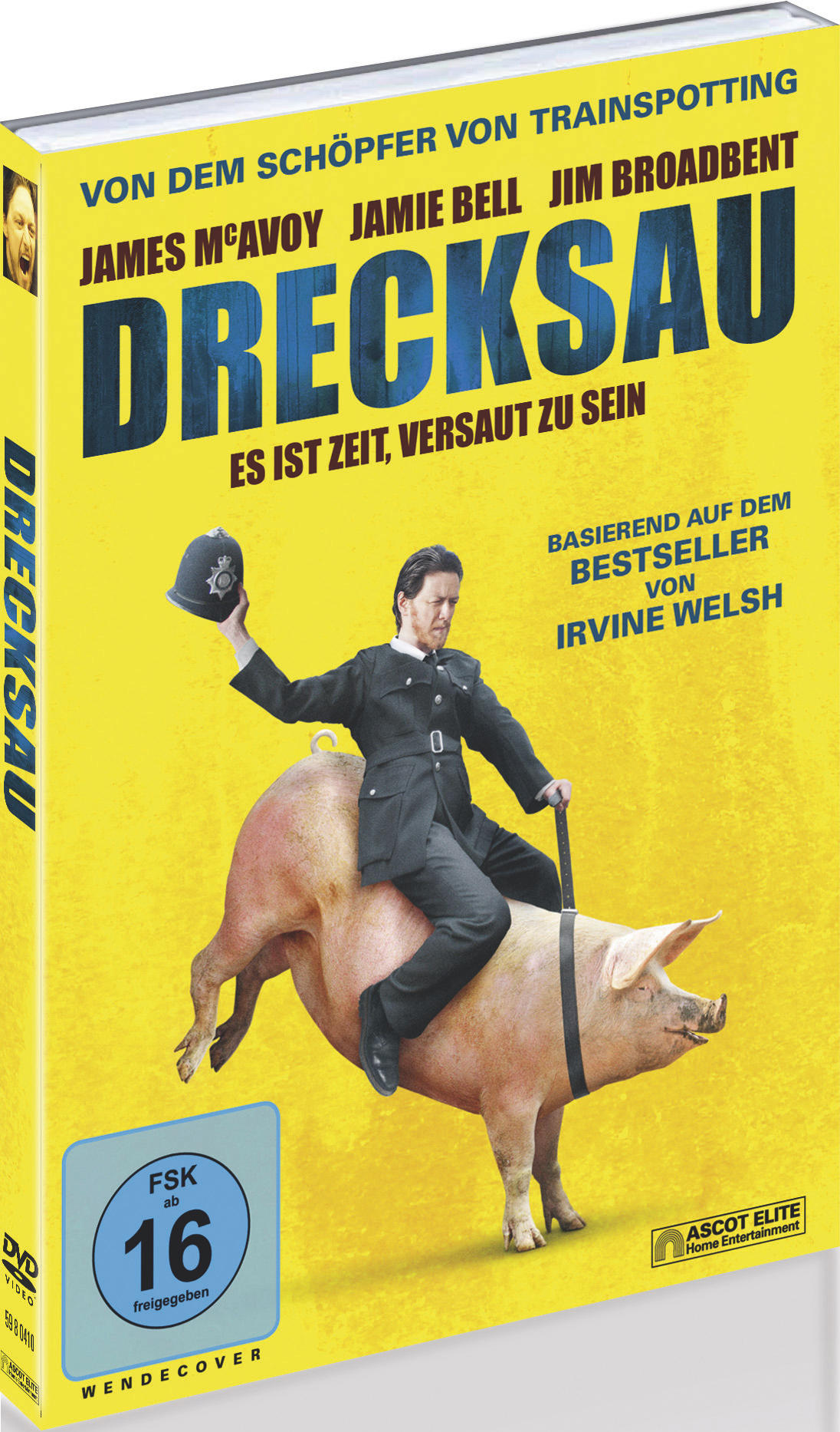 Filmcover eines Mannes, der auf einem Schwein reitet, Titel 'Drecksau'.