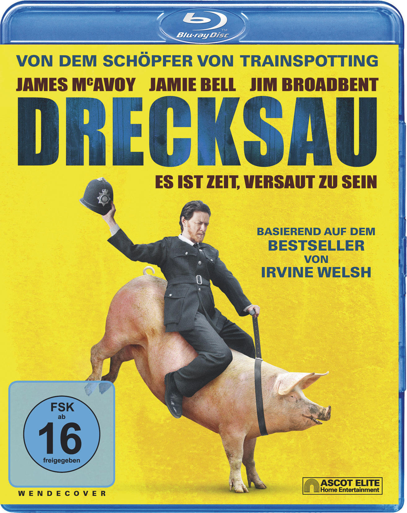 Mann in Polizeiuniform reitet auf einem Schwein. DVD-Cover mit 'Drecksau' Titel und Text.
