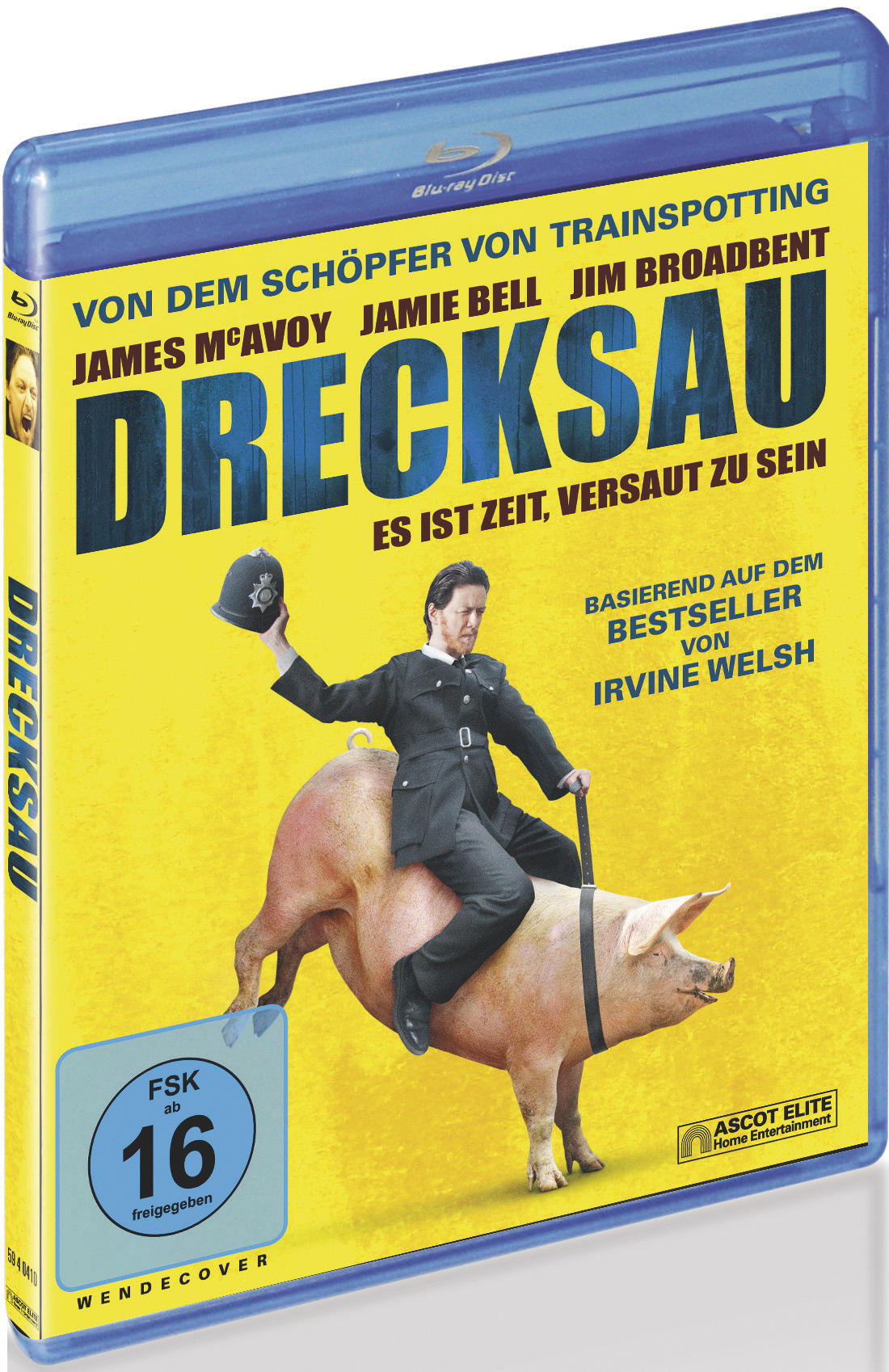 Drecksau-Filmcover. Ein Mann in Polizeiuniform reitet auf einem Schwein. Blaue und gelbe Farben werden verwendet.