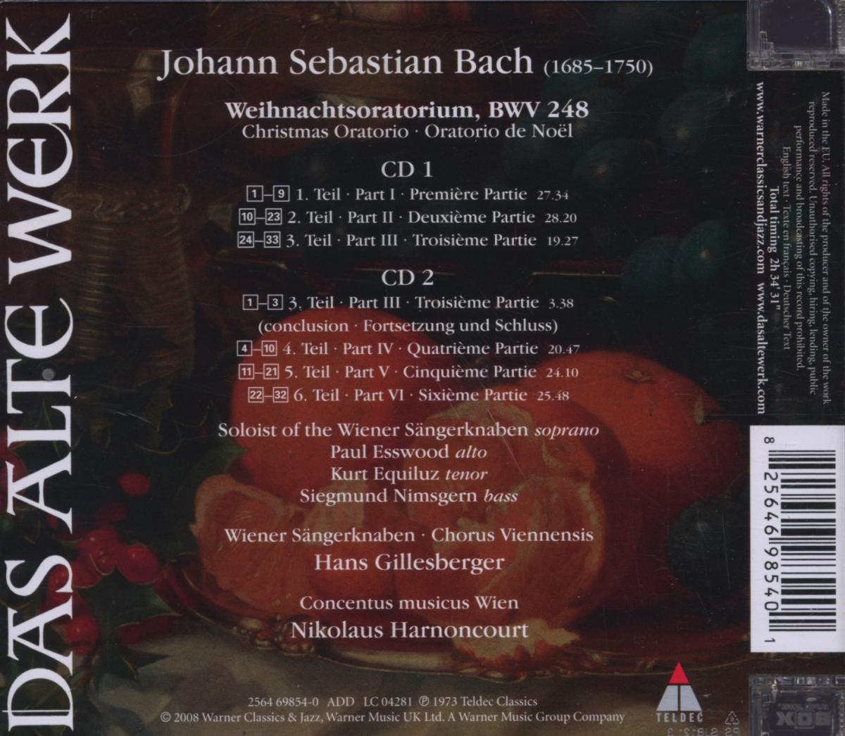 Albumcover für 'Weihnachtsoratorium' von J.S. Bach. Text auf dunklem, verzierten Hintergrund.