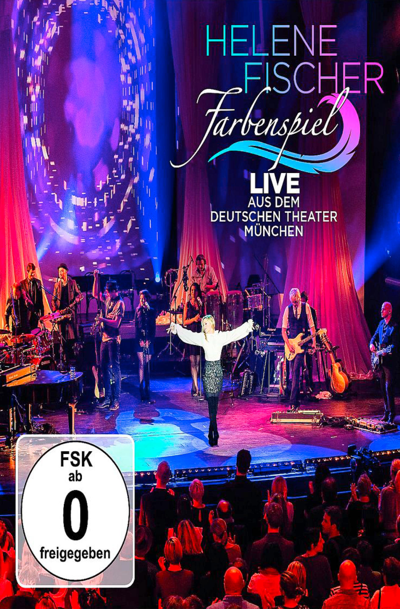 Helene Fischer auf der Bühne mit Band, farbenfrohe Bühnenbeleuchtung, DVD-Cover für eine Live-Show.