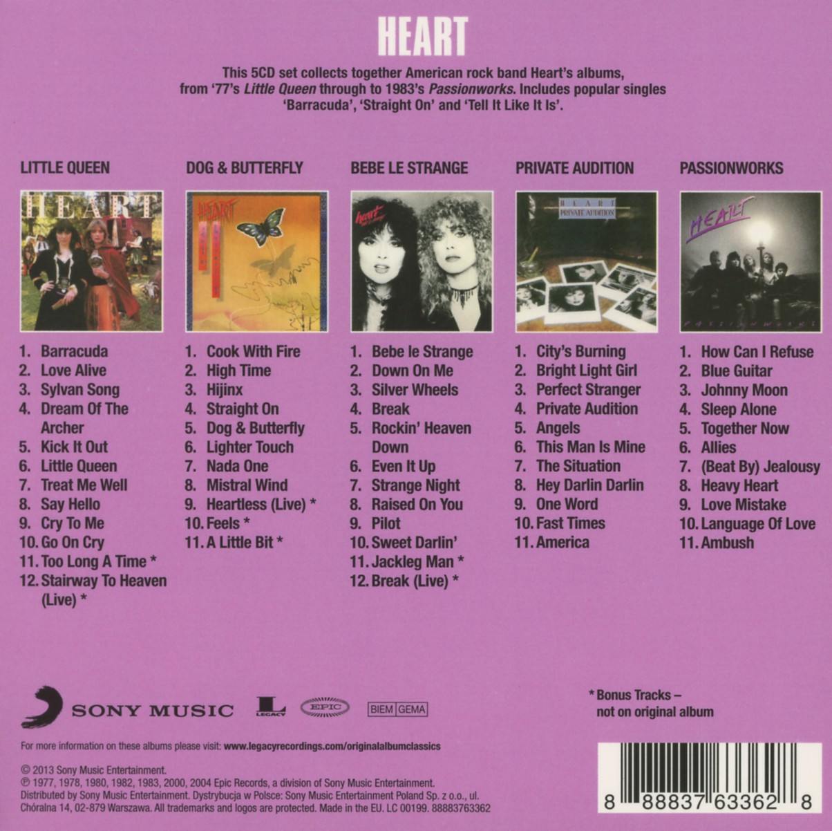 Albumcover der Heart-Alben. Verschiedene Albumcover mit Songlisten. Text: Heart.