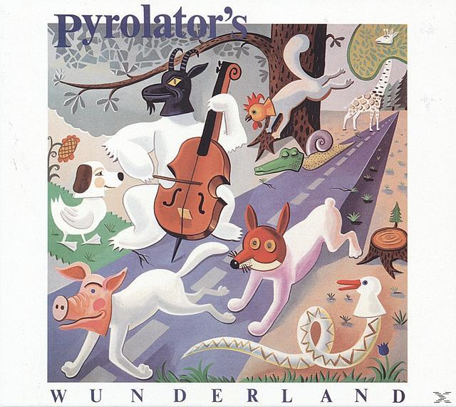 Albumcover mit Zeichentricktieren, darunter eine Geige spielende Ziege, ein Hund, ein Kaninchen und ein Schwein auf einer Straße.