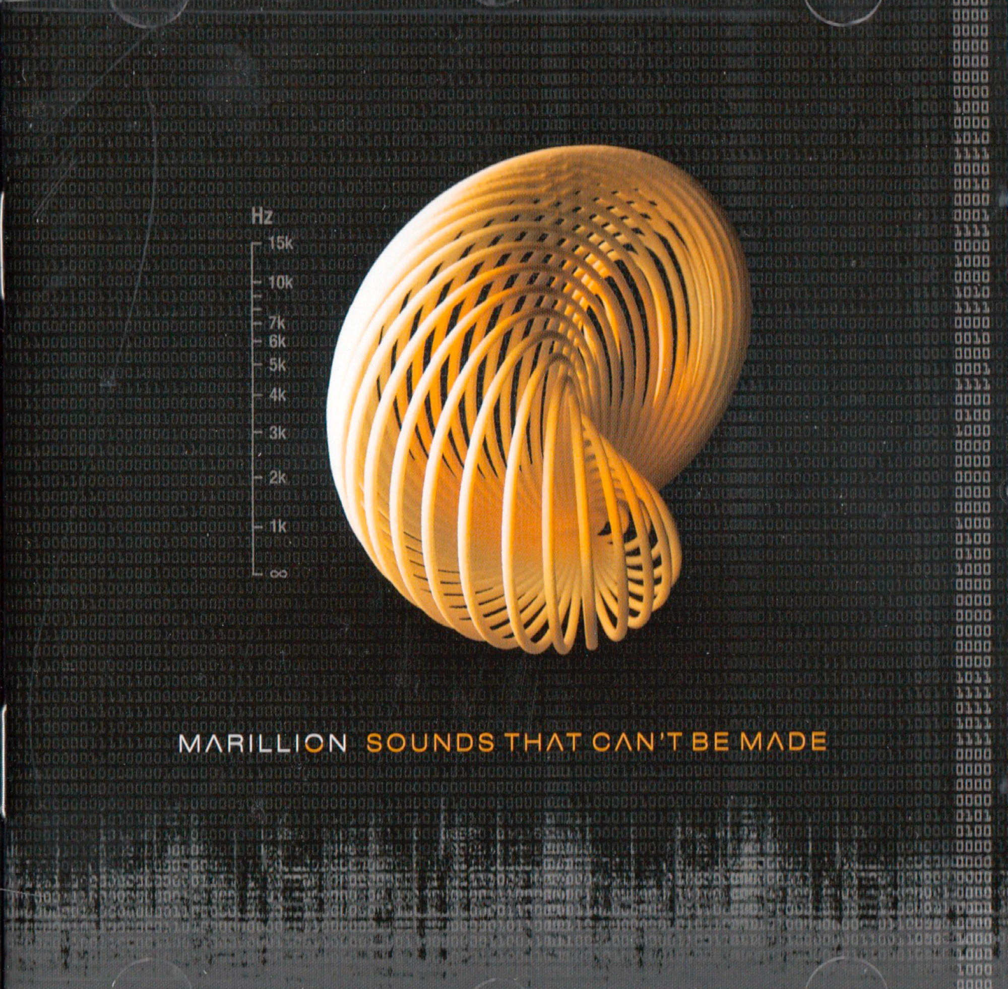 Albumcover mit einem orangefarbenen Spiraldesign auf schwarzem Hintergrund und dem Text: MARILLION SOUNDS.