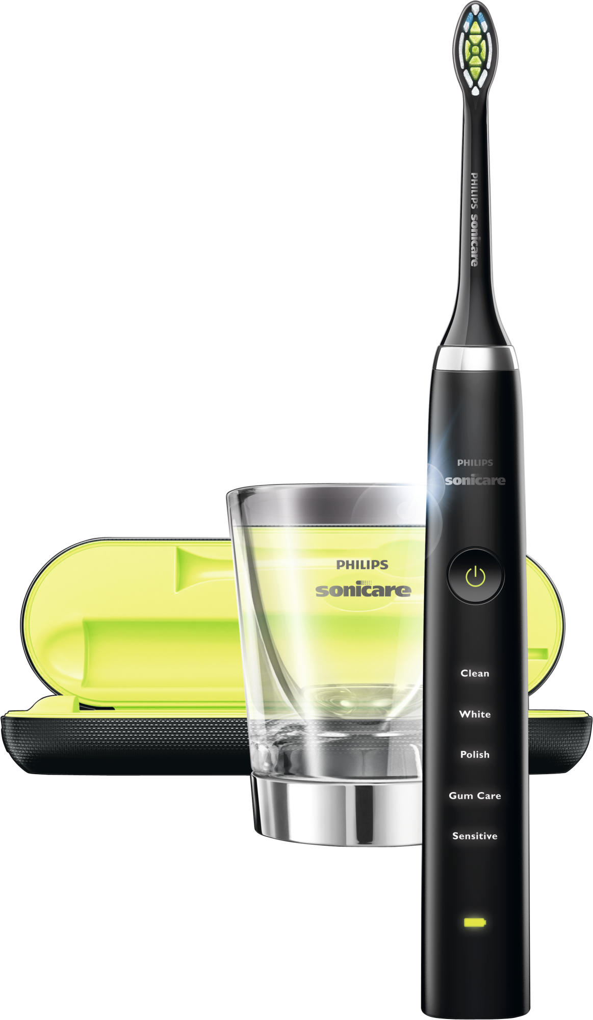 Schwarze Philips Sonicare Zahnbürste, Ladegerät und Reiseetui, alles auf Weiß.