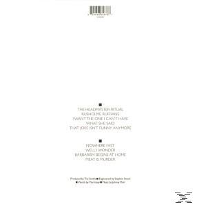 Rückseite eines Albums mit Songtiteln. Das Album der Smiths mit Songtiteln auf weißem Hintergrund.