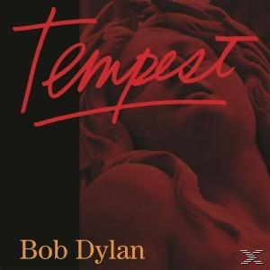Bob Dylan Albumcover: Eine Statue mit dem Wort 'Tempest' darüber, rote und schwarze Farben.
