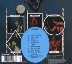 CD-Albumcover mit Fotos von Bandmitgliedern, Songtiteln und einem blauen kreisförmigen Design in der Mitte.
