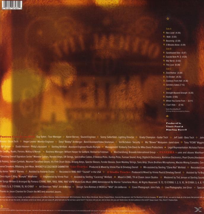 Rückseite eines Pantera-Albums mit Titelliste und Band- und Crew-Credits.