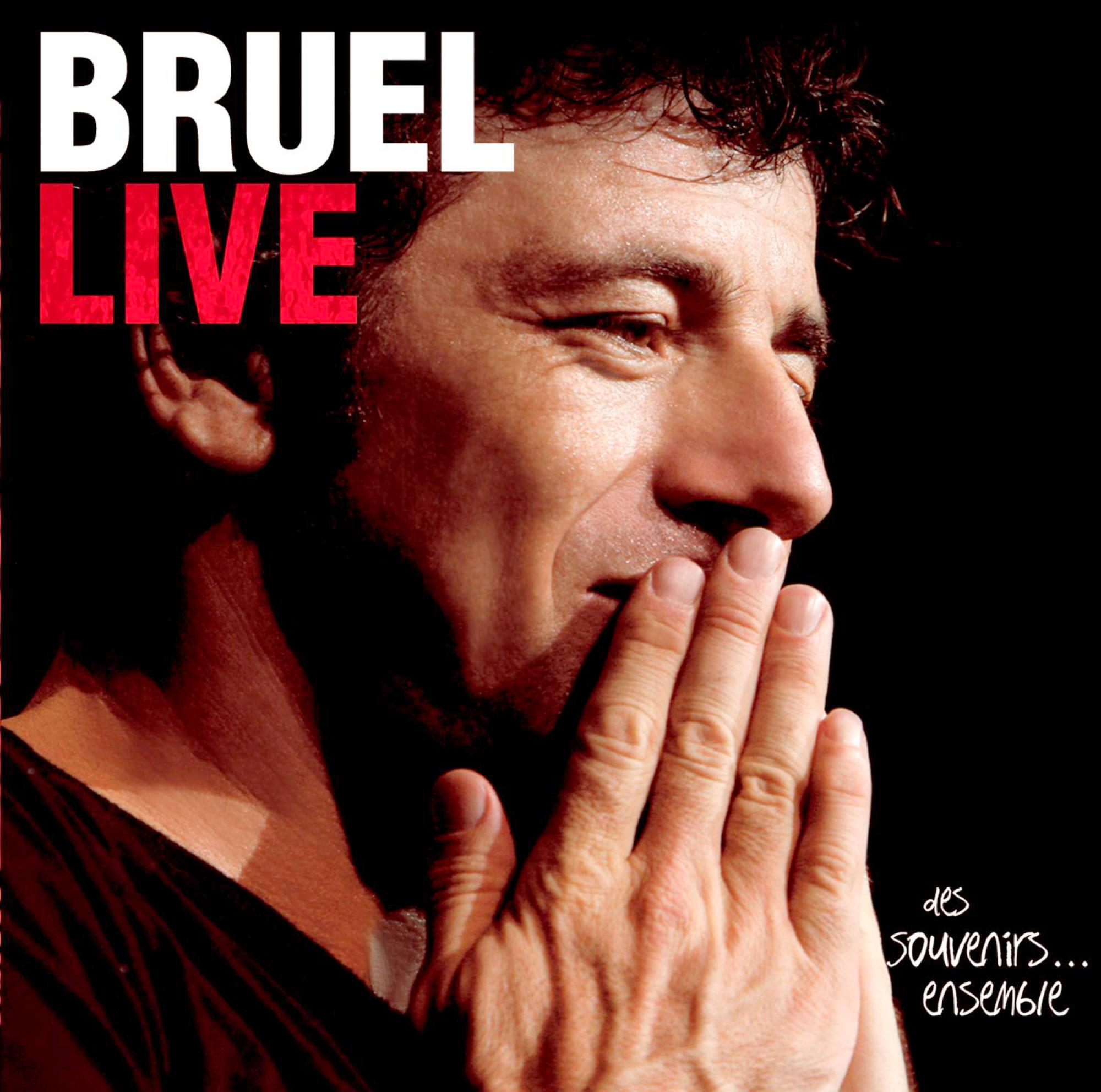 Albumcover mit einem Mann, der nach unten schaut und die Hände zusammenhält. Text sagt Bruel Live.