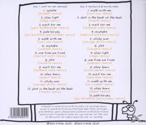 Album-Rückseite mit Tracklisten in zwei Spalten. Ein cartoonartiger Käfer befindet sich in der unteren rechten Ecke.