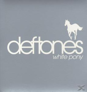 Albumcover mit weißem Text und Pferdesilhouette auf grauem Hintergrund. Bandname: Deftones.