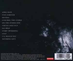 Rückseite eines Albums mit Songtiteln und einer Liste von Credits, dunkler Hintergrund.
