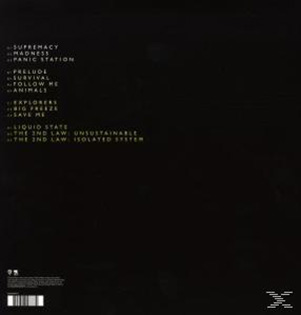 Album-Rückseite mit Songtiteln: Muse, 'The 2nd Law'. Schwarzer Hintergrund, Titelliste in Weiß.