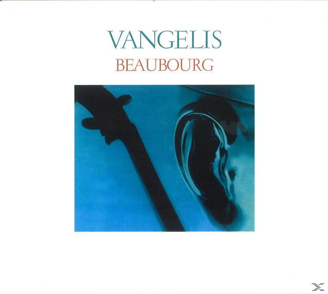 Albumcover für Vangelis' Album 'Beaubourg', blauer Hintergrund mit Ohr und Geige.