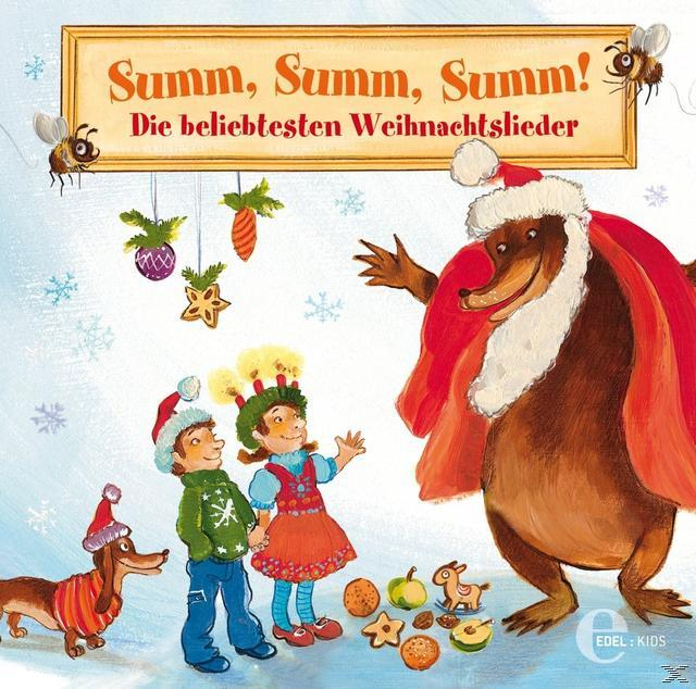 Cover-Artwork eines Weihnachtsliederbuchs für Kinder mit Illustrationen von Figuren und festlichen Dekorationen.