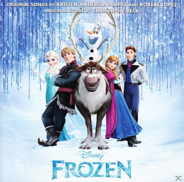 Frozen Soundtrack-Albumcover. Charaktere aus dem Film sind sichtbar. Verschneiter Hintergrund.
