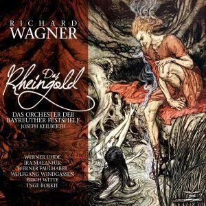 Albumcover von Das Rheingold. Eine Person in rotem Kleid ist mit zwei weiteren Figuren im Wasser.