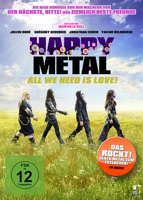 Happy Metal DVD-Cover mit vier langhaarigen Personen, die auf einem Feld gehen, blauer Himmel.