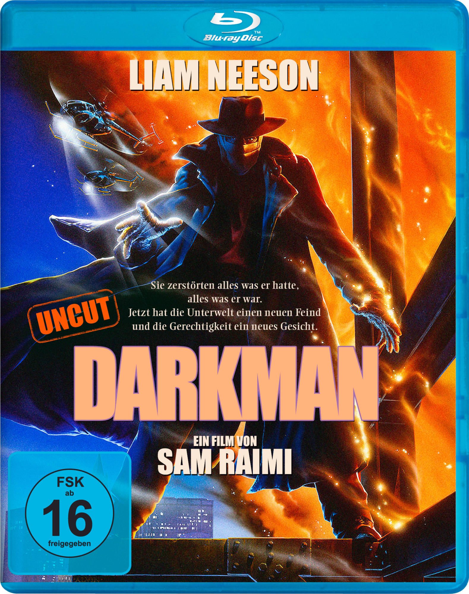 Blu-ray-Cover mit Liam Neeson, Titel 'DARKMAN' und einer Schattenfigur mit Energiestrahlen.