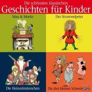 Kinderbuchcover: Max & Moritz, Struwwelpeter, Die Heinzelmännchen und Die drei kleinen Schweinchen.