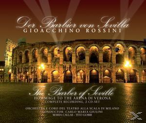 Opernalbumcover mit der Arena di Verona im Hintergrund. Text: Der Barbier von Sevilla, Gioacchino Rossini.