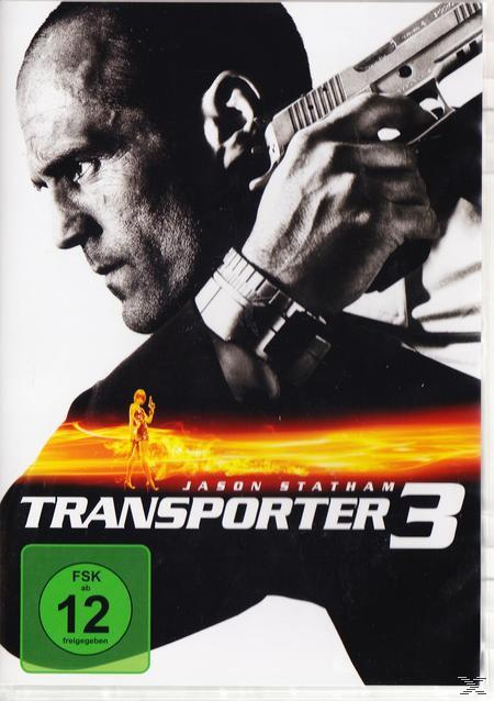Filmcover: Jason Statham mit einer Waffe und einer Frau im Hintergrund. Der Titel ist 'Transporter 3'.