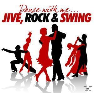 Silhouetten-Tänzer. Rotes Kleid, schwarzer Anzug. Text 'JIVE, ROCK & SWING' auf weißem Grund.